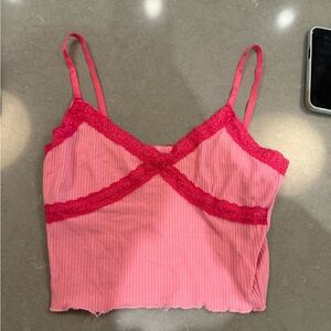 Pink Lace Trim Crop Top